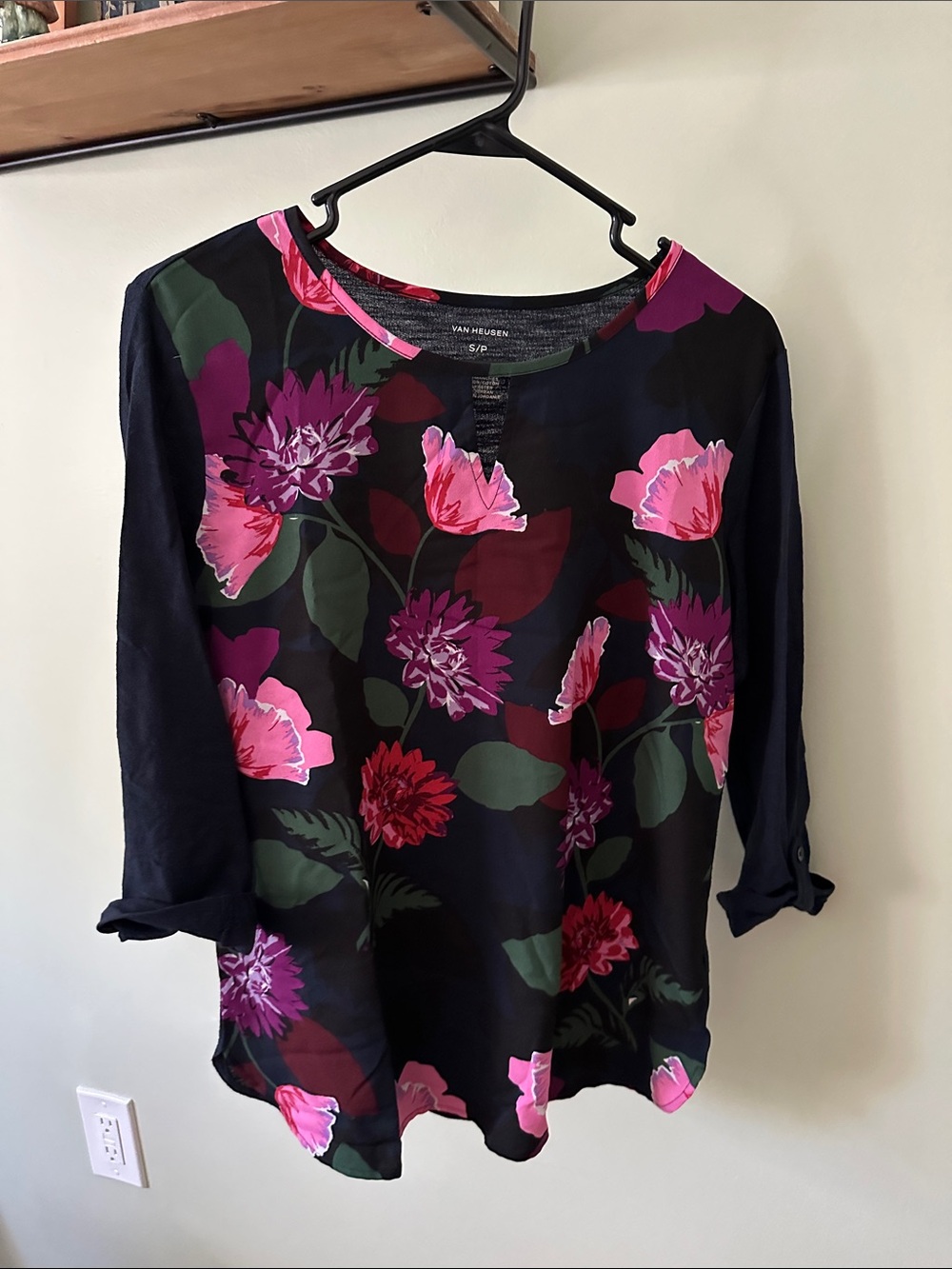 Van Heusen Black Floral Roll-Tab Sleeve Blouse with Pink and Purple Flowers